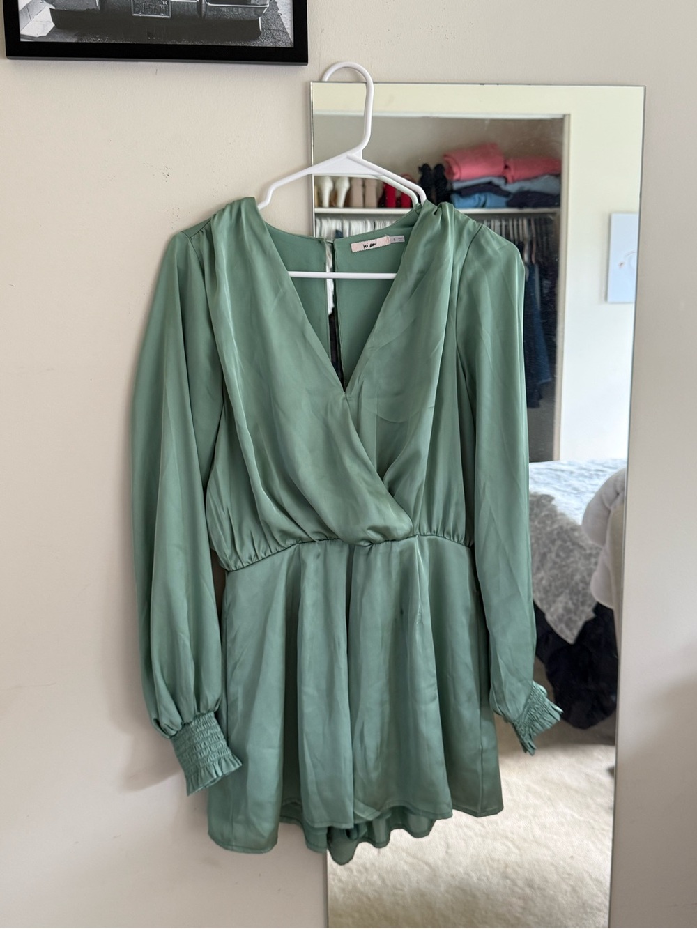 Francesca’s Sage Green Long-Sleeve Wrap Romper